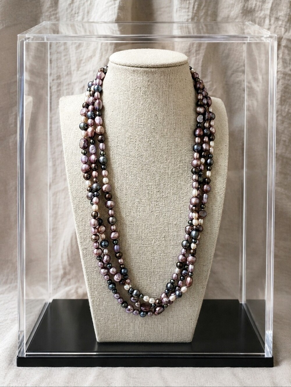 Peacock Freshwater Glass Pearls Gray Purple Lavender Cream Long Strand Necklace